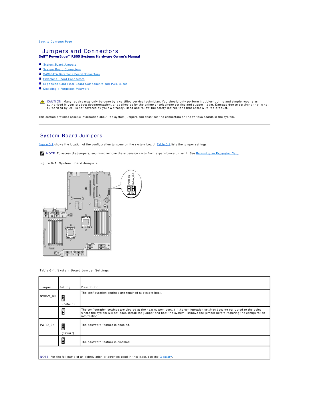 Dell R805 manual System Board Jumpers, Jumper Setting Description 