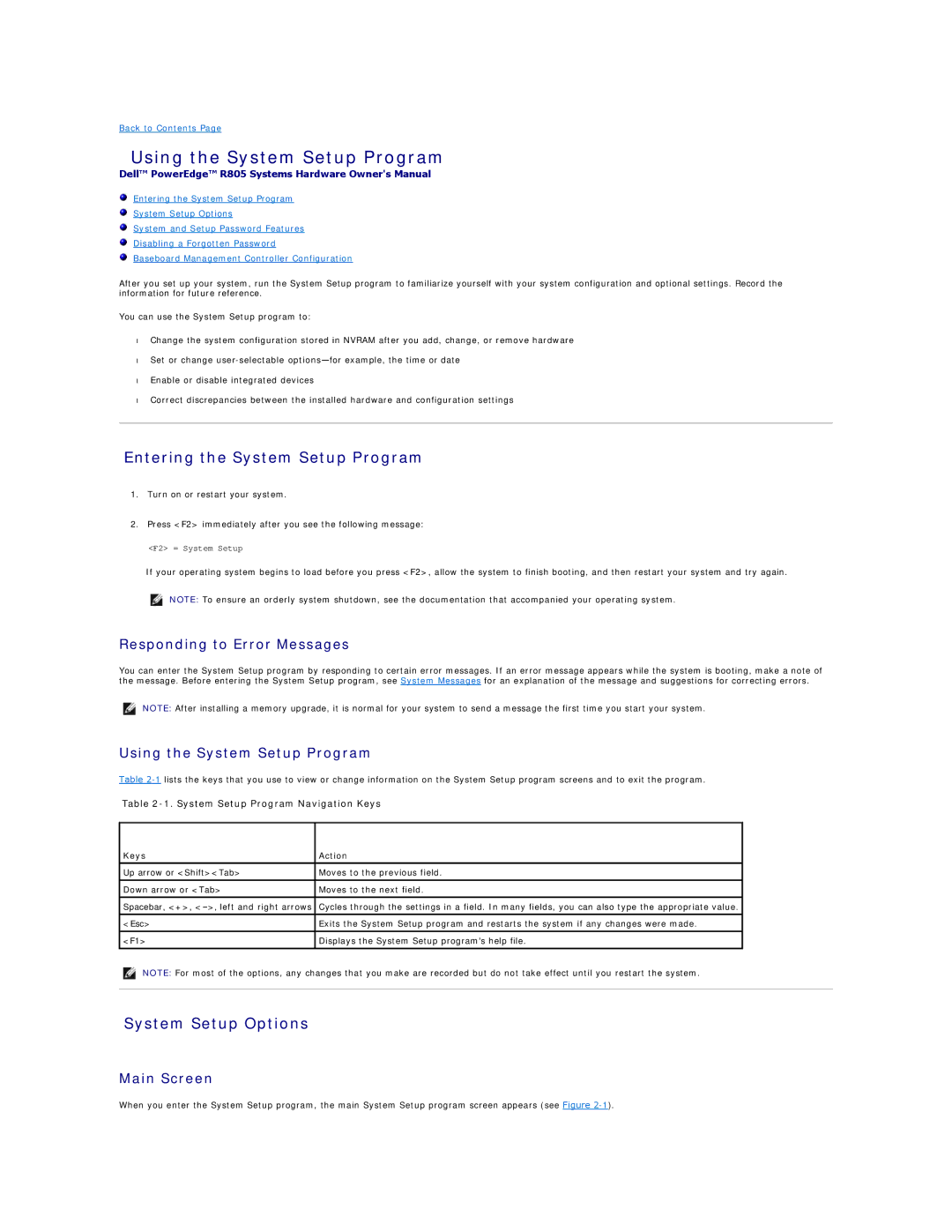 Dell R805 manual Entering the System Setup Program, System Setup Options, Responding to Error Messages, Main Screen 