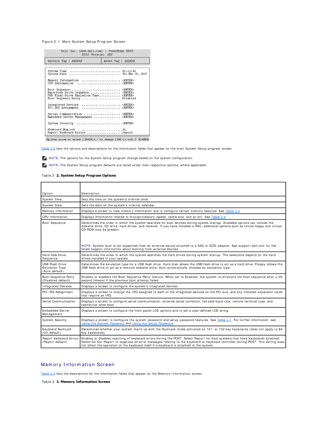 Dell R805 manual Memory Information Screen, System Setup Program Options, Option Description 