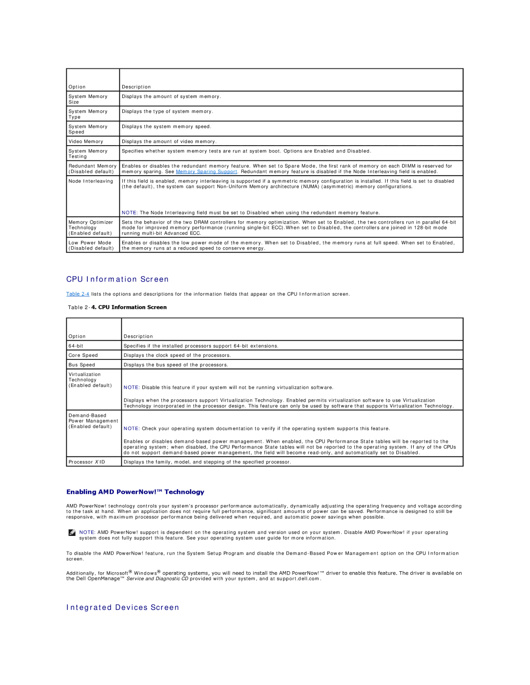 Dell R805 manual CPU Information Screen, Integrated Devices Screen 