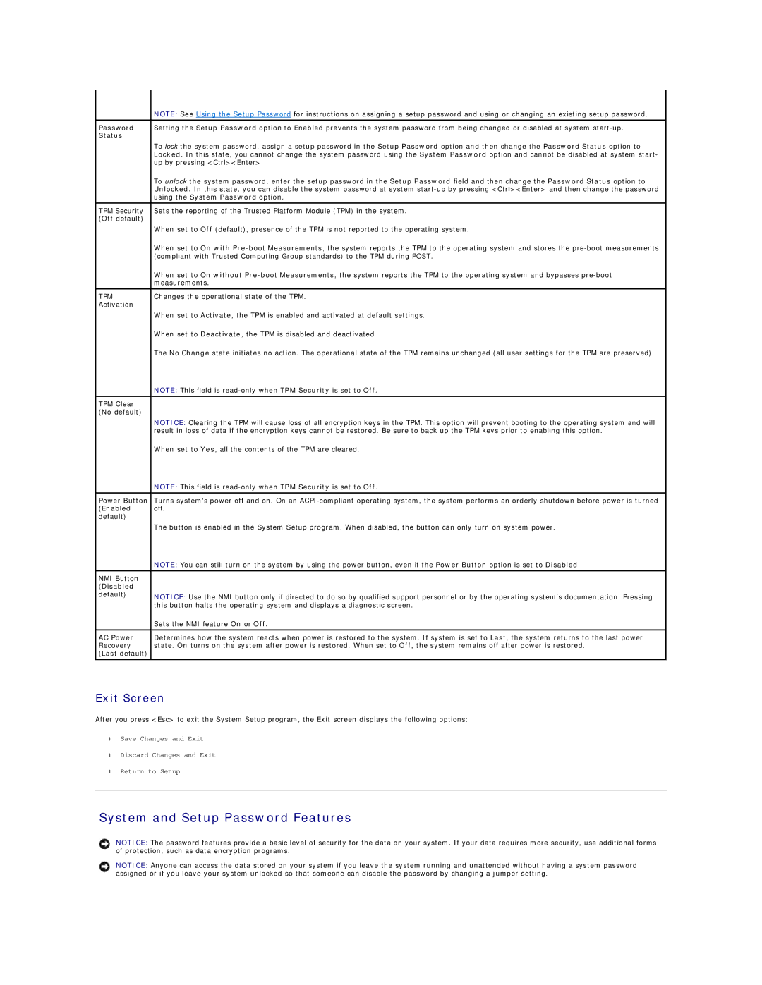 Dell R805 manual System and Setup Password Features, Exit Screen, Enabled, Disabled 