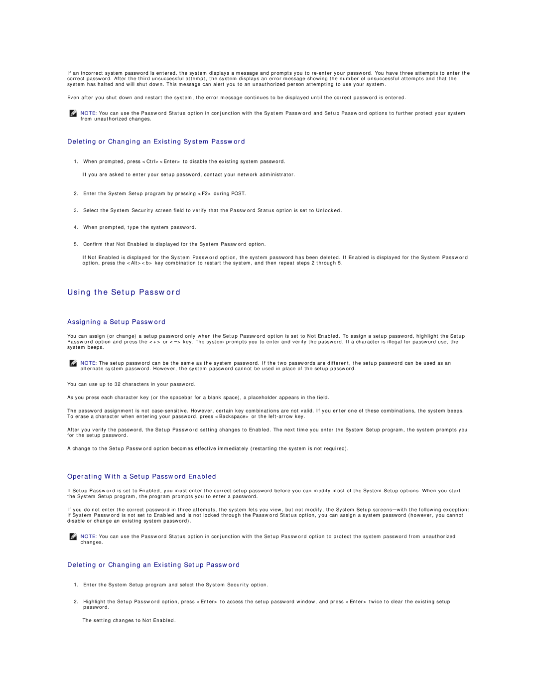 Dell R805 manual Using the Setup Password, Deleting or Changing an Existing System Password 