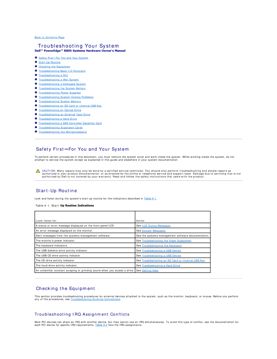 Dell R805 manual Safety First-For You and Your System, Checking the Equipment, Start-Up Routine Indications 