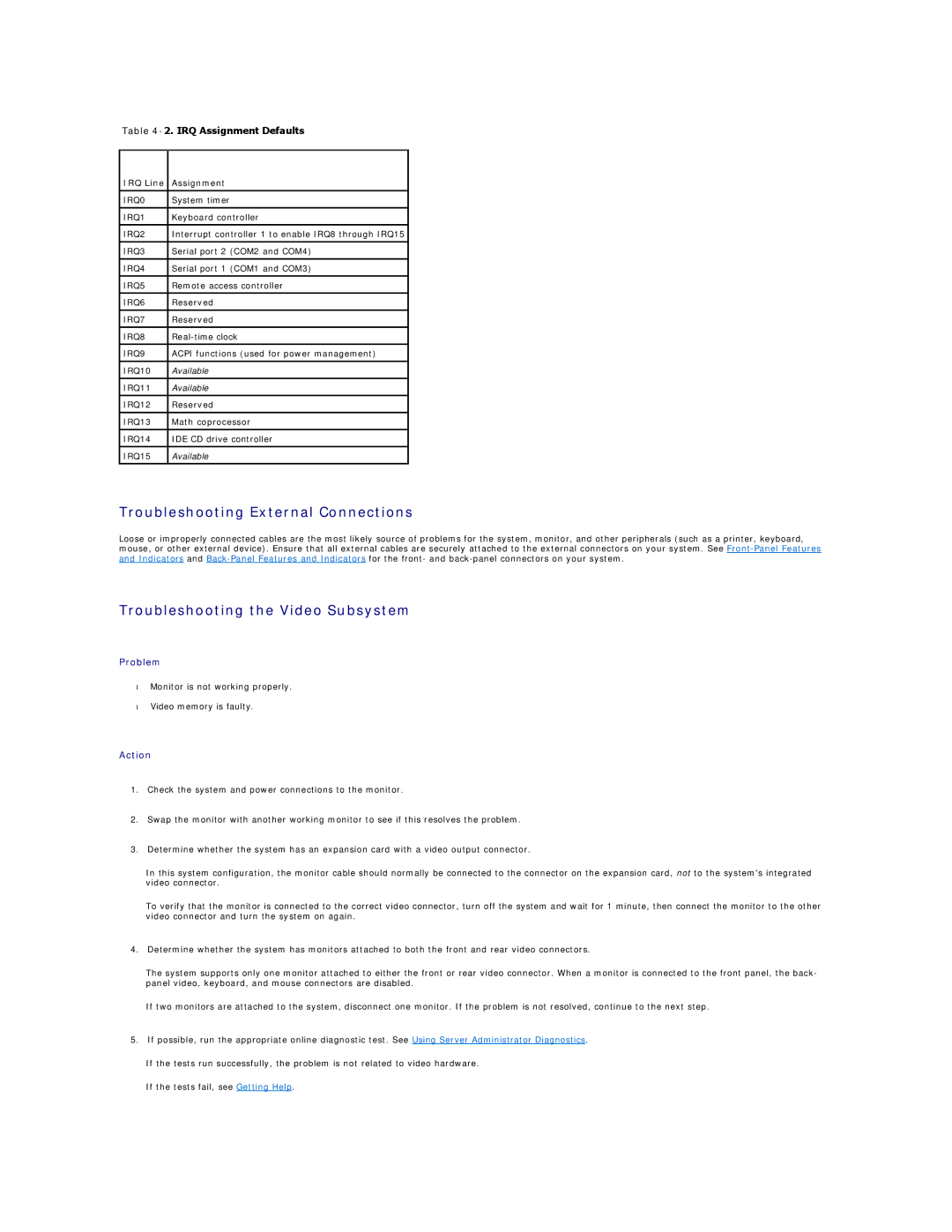 Dell R805 manual Troubleshooting External Connections, Troubleshooting the Video Subsystem, IRQ Assignment Defaults 