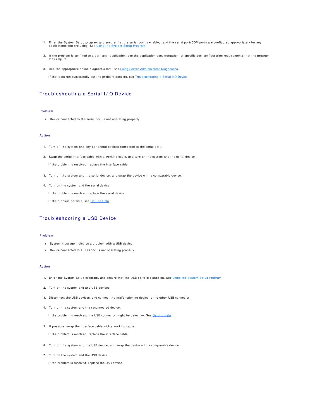 Dell R805 manual Troubleshooting a Serial I/O Device, Troubleshooting a USB Device 