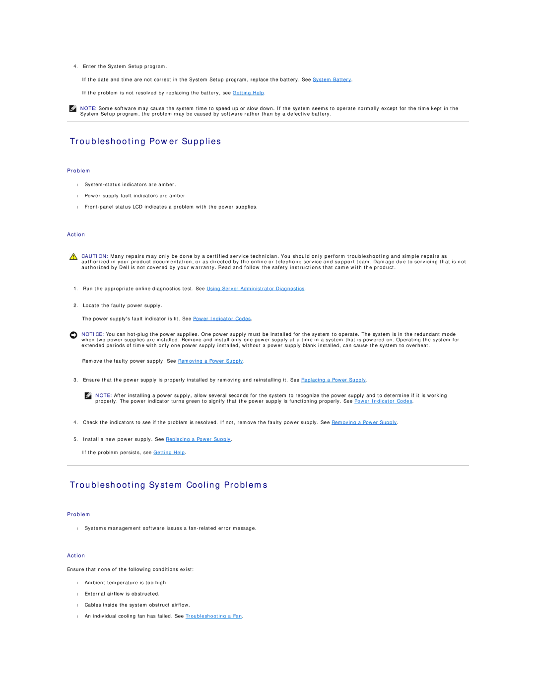 Dell R805 manual Troubleshooting Power Supplies, Troubleshooting System Cooling Problems 