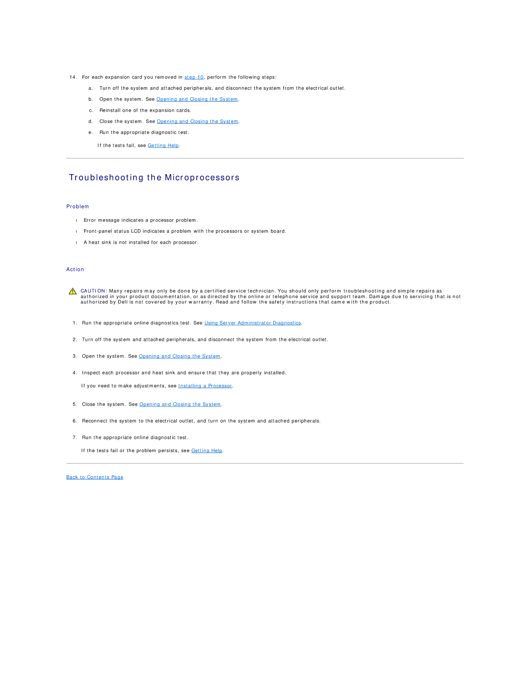 Dell R805 manual Troubleshooting the Microprocessors, Back to Contents 