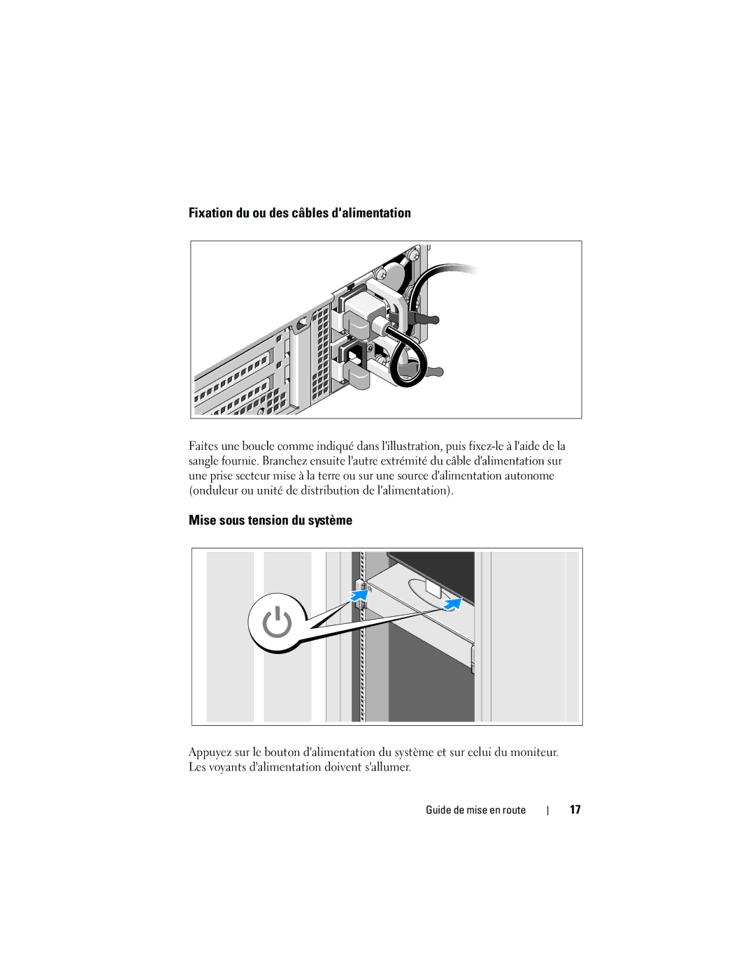 Dell R815 manual Fixation du ou des câbles dalimentation, Mise sous tension du système 