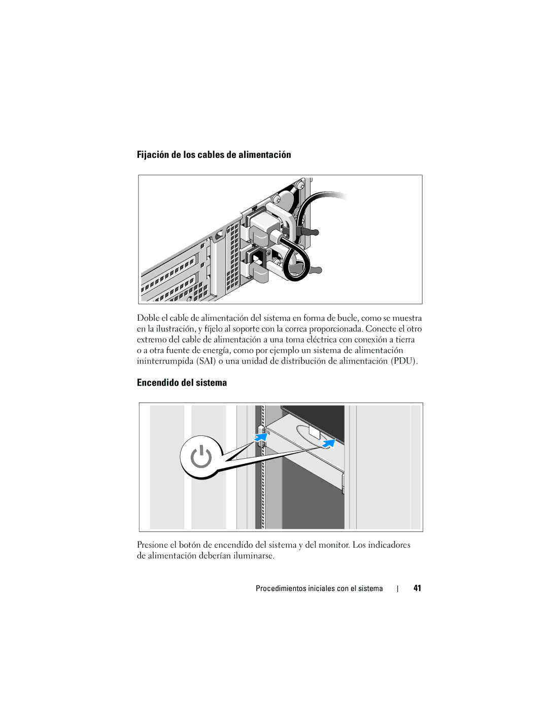 Dell R815 manual Fijación de los cables de alimentación, Encendido del sistema 