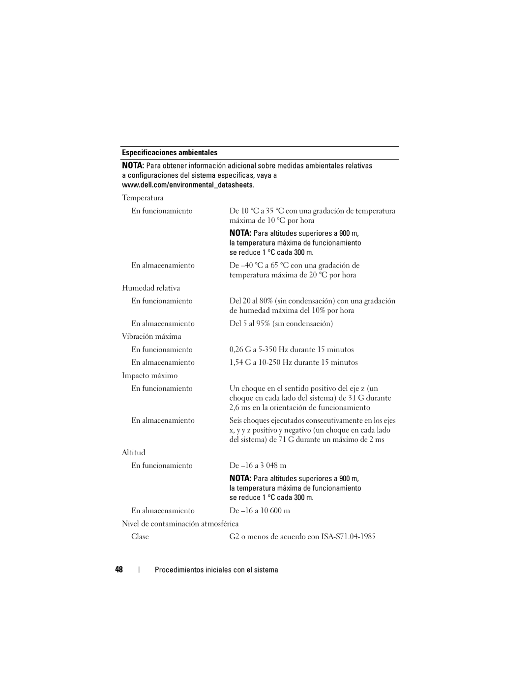 Dell R815 manual Especificaciones ambientales Temperatura En funcionamiento 