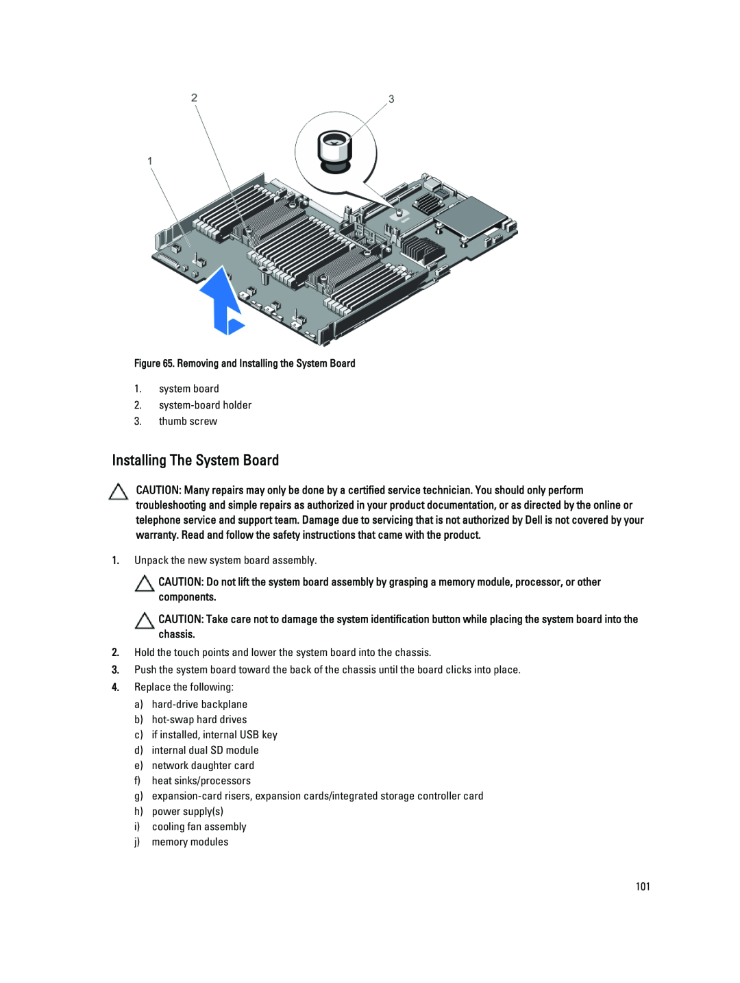 Dell R820 owner manual Installing The System Board 