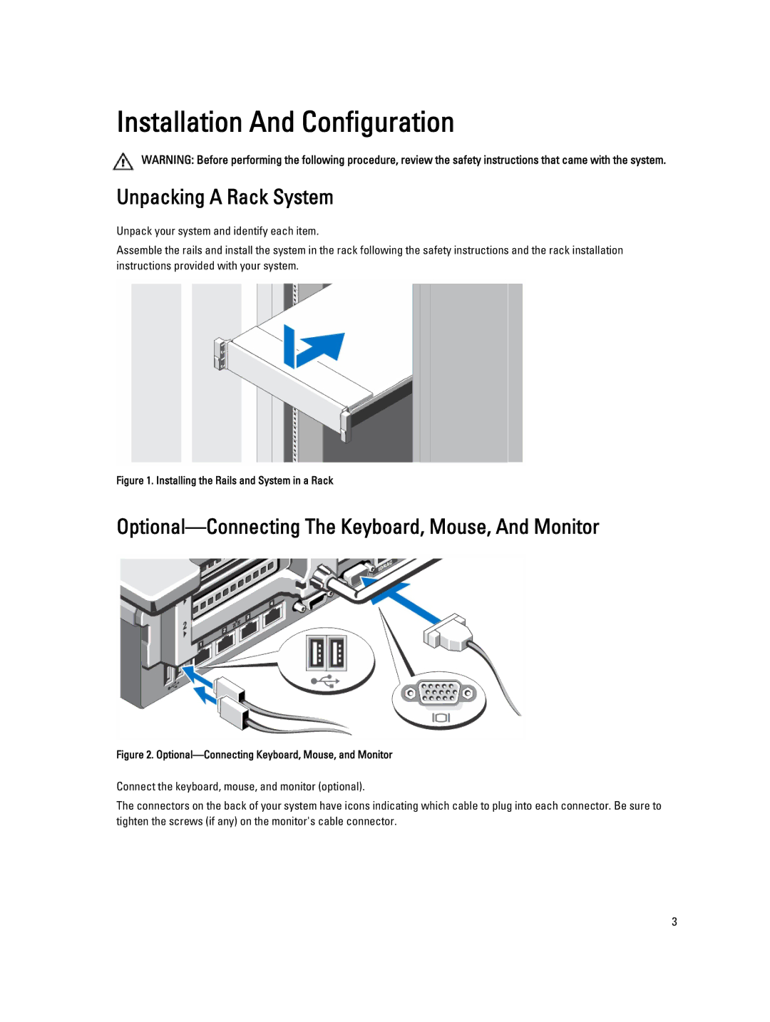 Dell R820 manual Unpacking a Rack System, Optional-Connecting The Keyboard, Mouse, And Monitor 