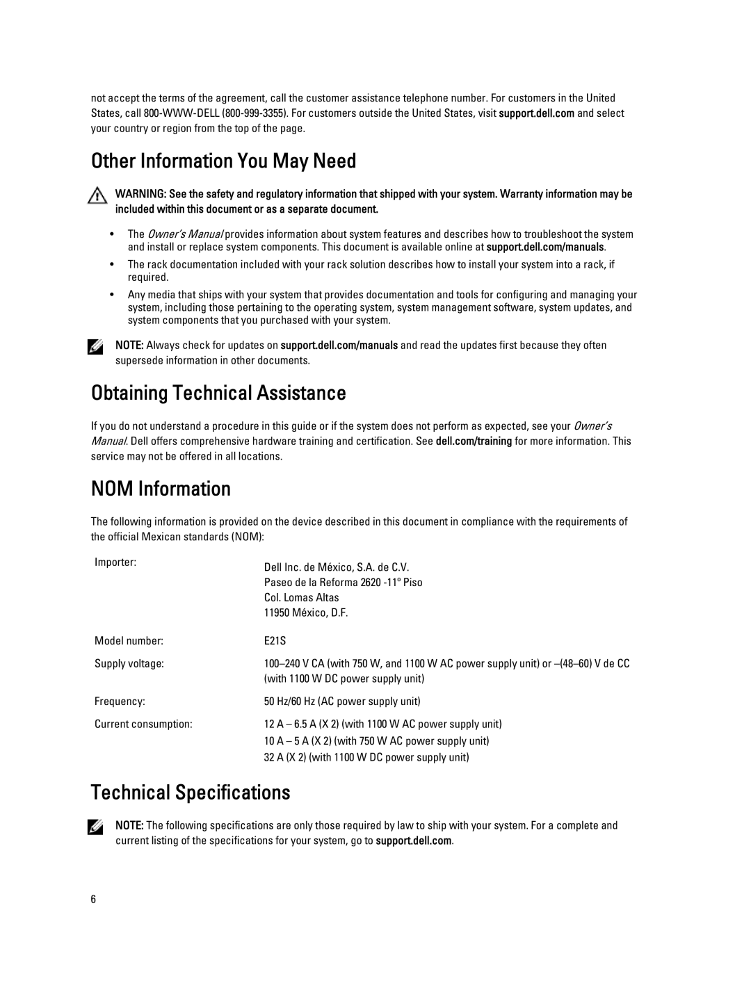 Dell R820 manual Other Information You May Need, Obtaining Technical Assistance NOM Information, Technical Specifications 