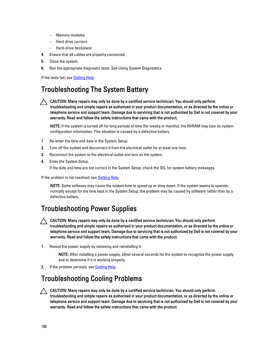 Dell R820 Troubleshooting The System Battery, Troubleshooting Power Supplies, Troubleshooting Cooling Problems, 106 