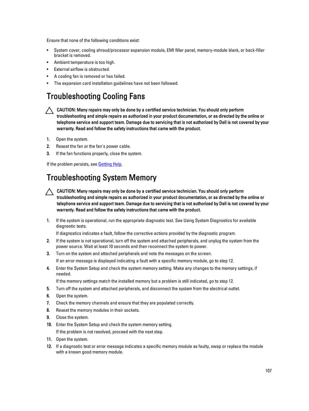 Dell R820 owner manual Troubleshooting Cooling Fans, Troubleshooting System Memory 