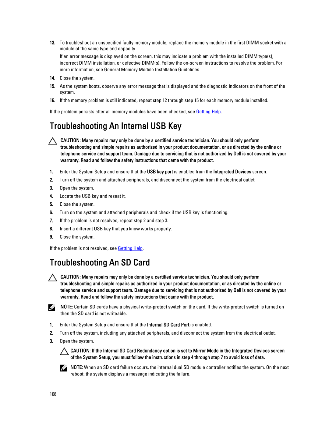 Dell R820 owner manual Troubleshooting An Internal USB Key, Troubleshooting An SD Card 