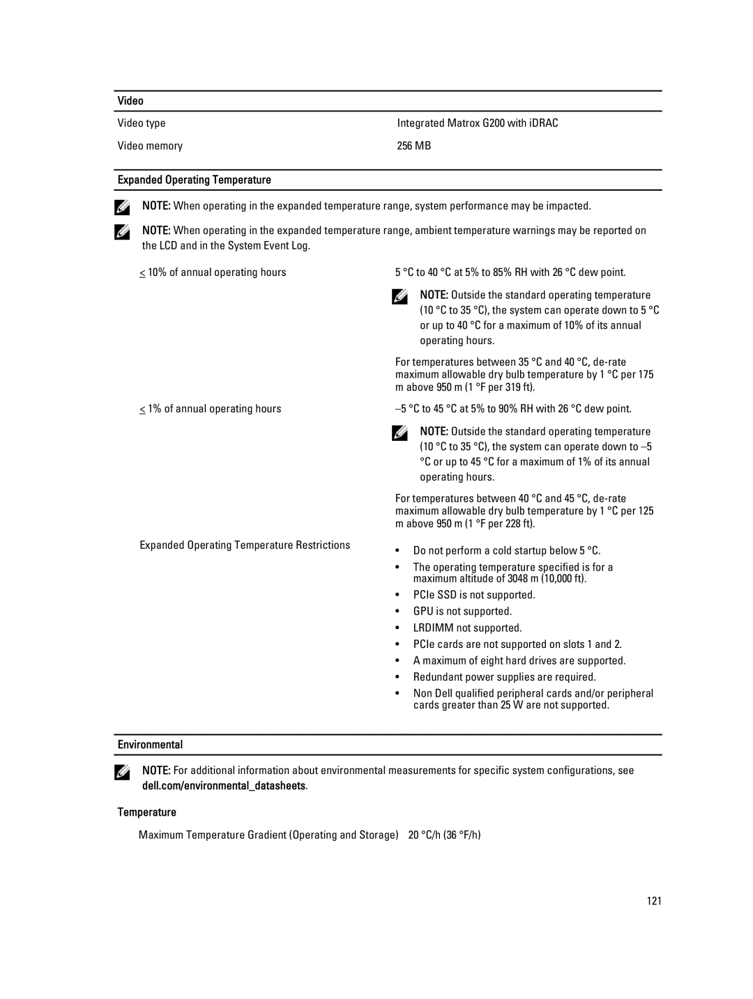 Dell R820 owner manual Video, Expanded Operating Temperature, Environmental Temperature 