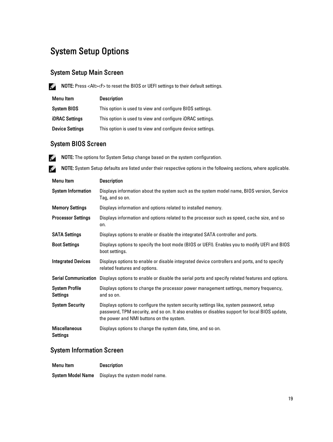 Dell R820 owner manual System Setup Options, System Setup Main Screen, System Bios Screen, System Information Screen 