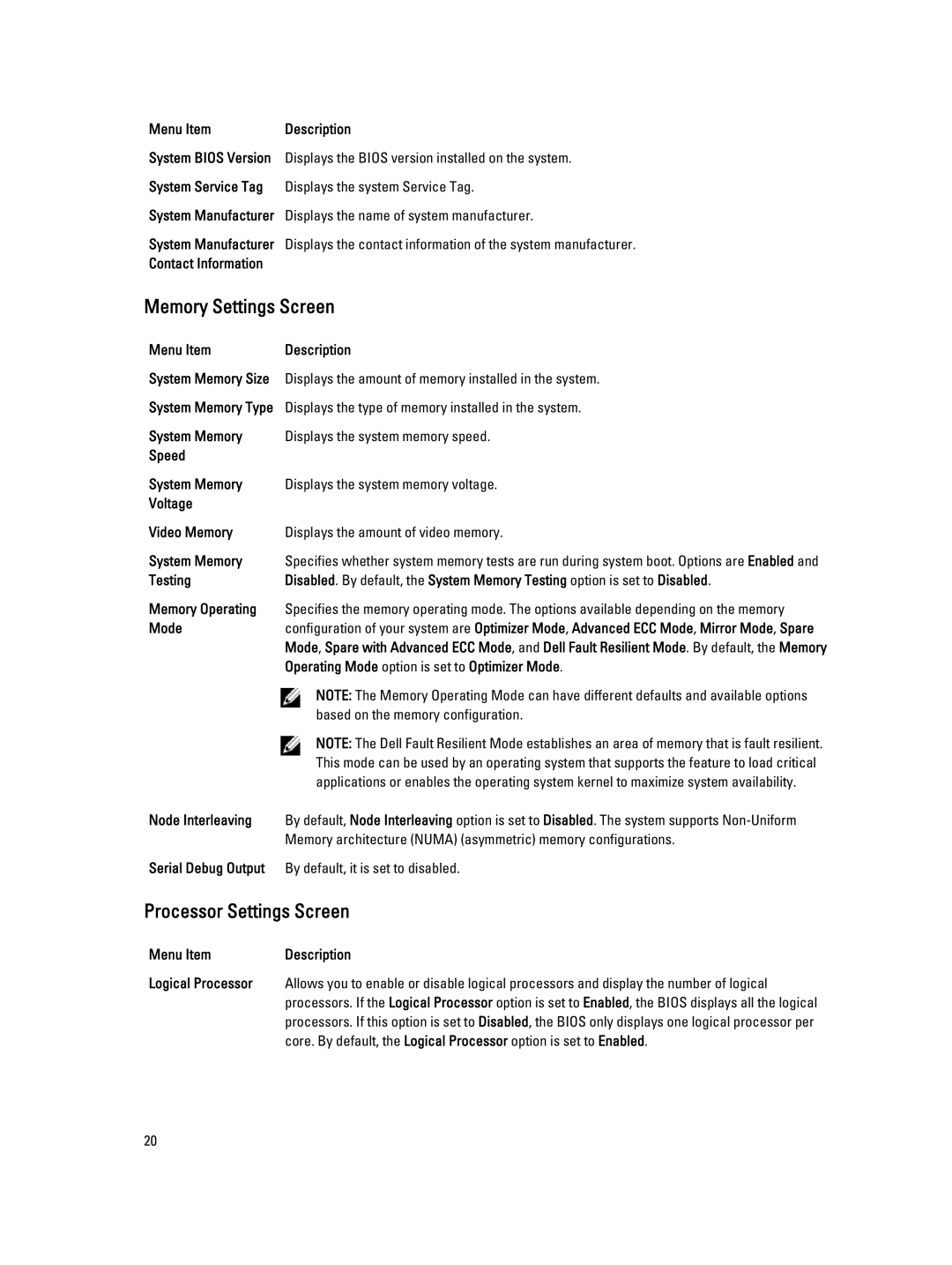 Dell R820 owner manual Memory Settings Screen, Processor Settings Screen 