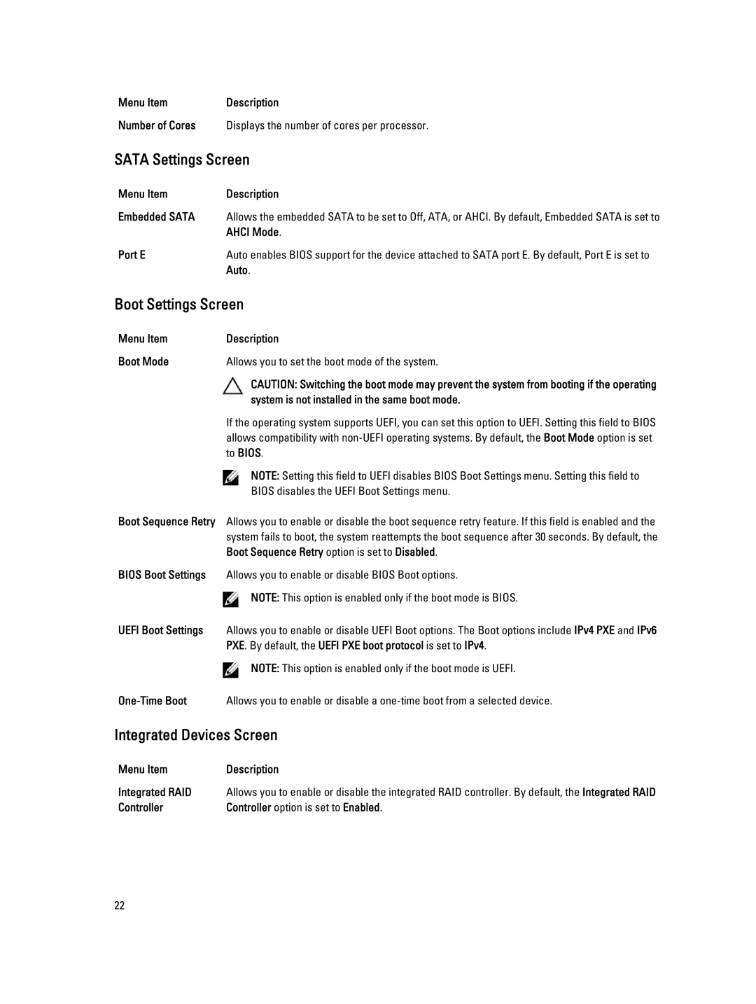 Dell R820 owner manual Sata Settings Screen, Boot Settings Screen, Integrated Devices Screen 