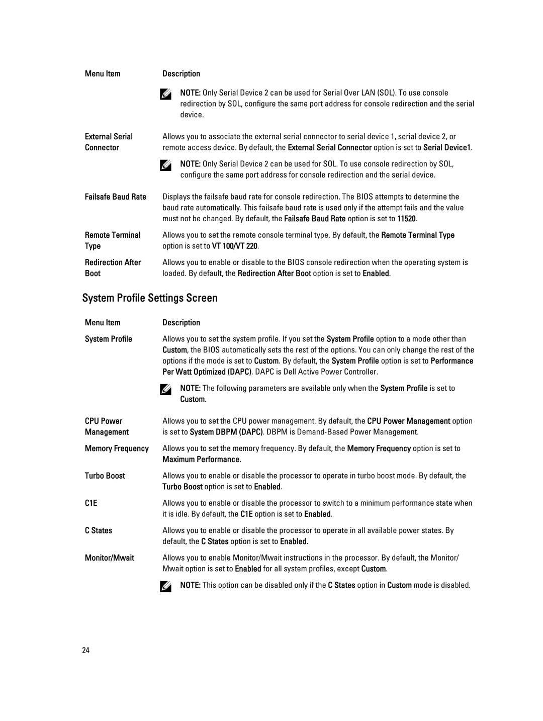 Dell R820 owner manual System Profile Settings Screen 