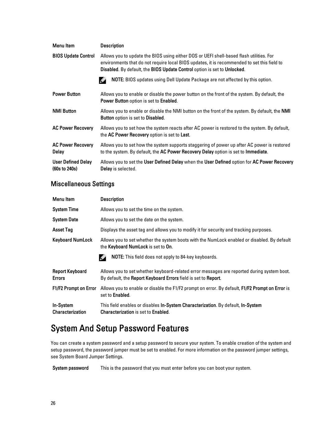 Dell R820 owner manual System And Setup Password Features, Miscellaneous Settings 