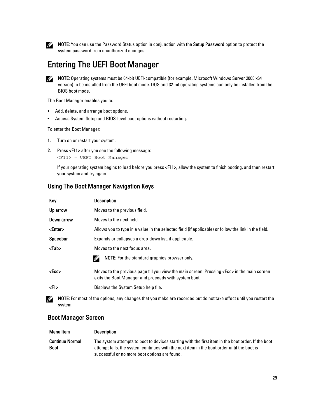 Dell R820 owner manual Entering The Uefi Boot Manager, Using The Boot Manager Navigation Keys, Boot Manager Screen 