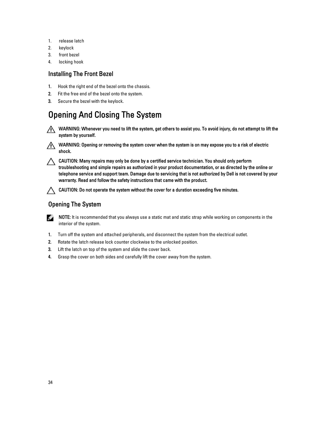 Dell R820 owner manual Opening And Closing The System, Installing The Front Bezel, Opening The System 