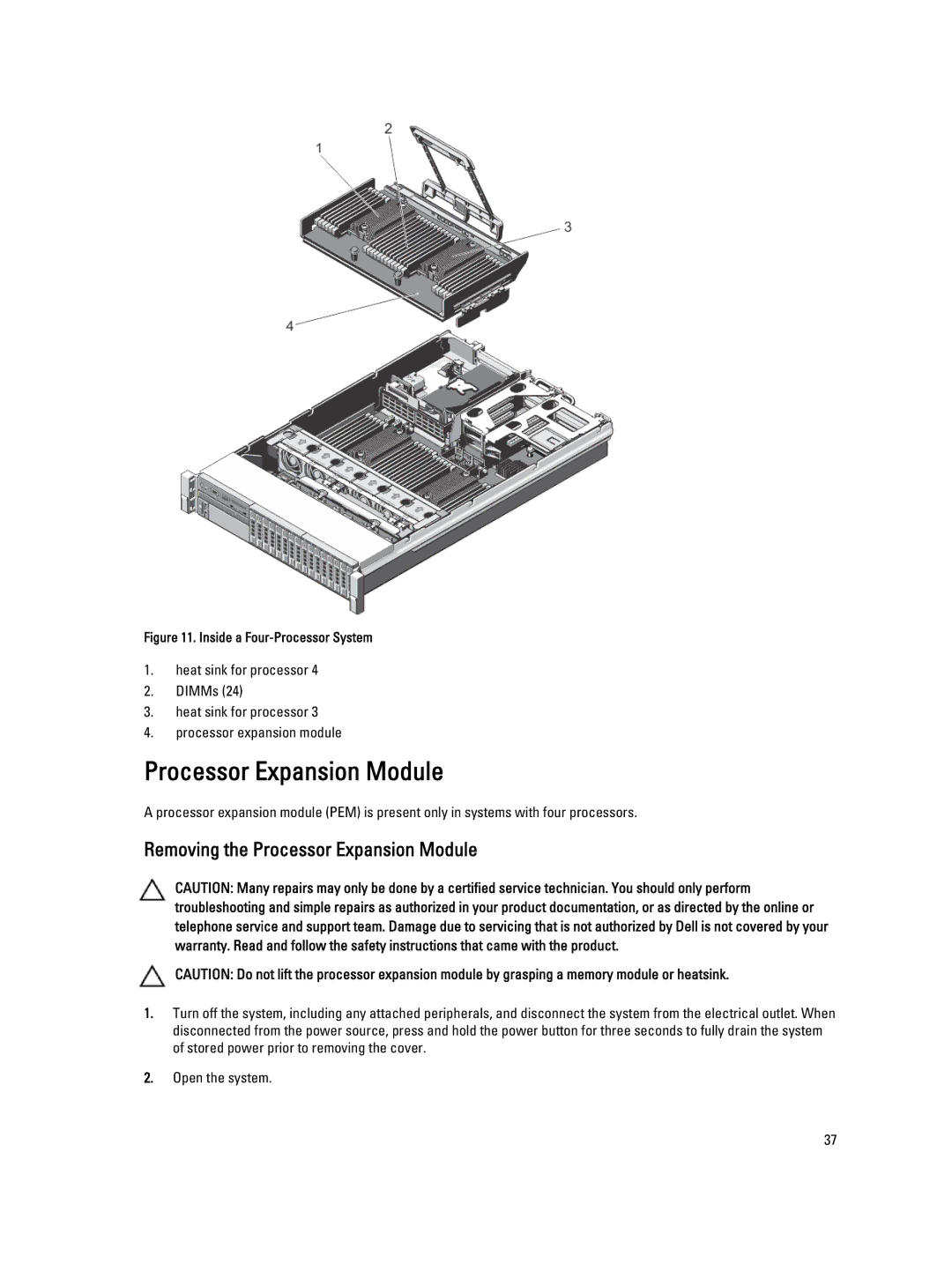 Dell R820 Removing the Processor Expansion Module, Heat sink for processor DIMMs Processor expansion module 