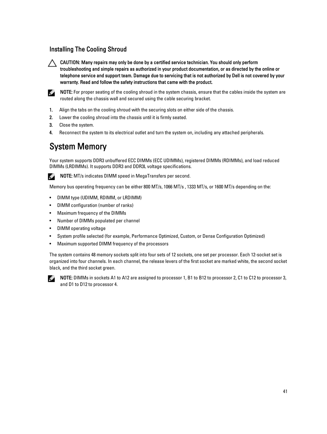 Dell R820 owner manual System Memory, Installing The Cooling Shroud 