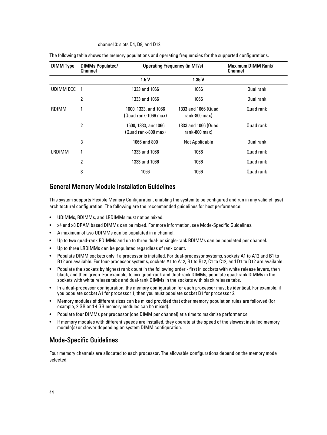 Dell R820 owner manual General Memory Module Installation Guidelines, Mode-Specific Guidelines, 1066 