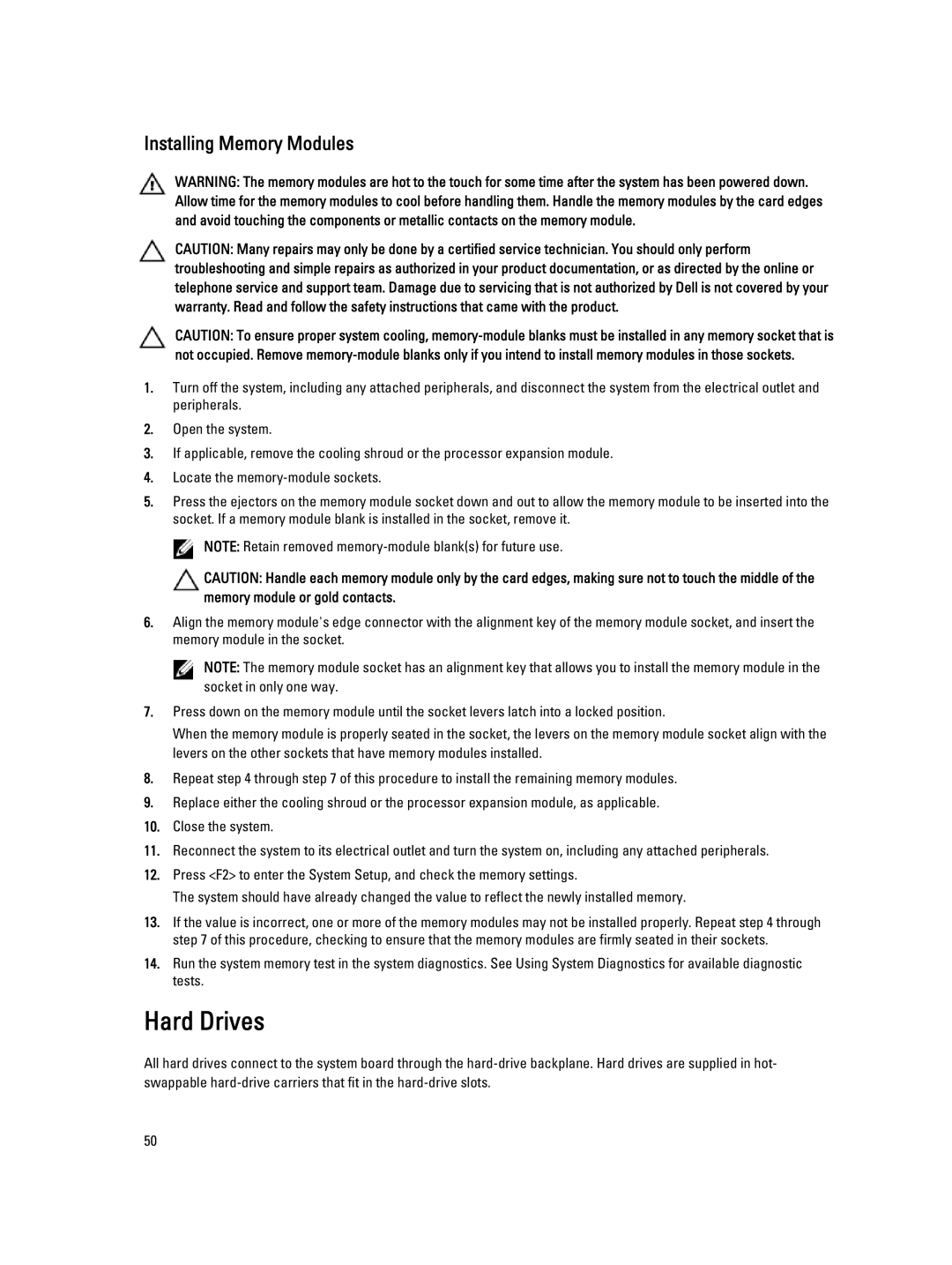 Dell R820 owner manual Hard Drives, Installing Memory Modules 