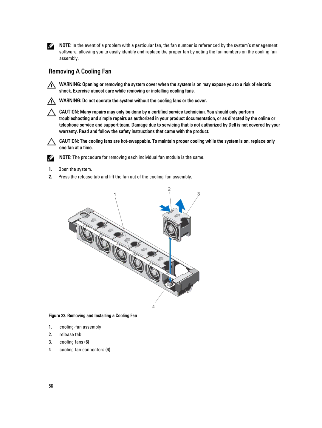 Dell R820 owner manual Removing a Cooling Fan, Removing and Installing a Cooling Fan 