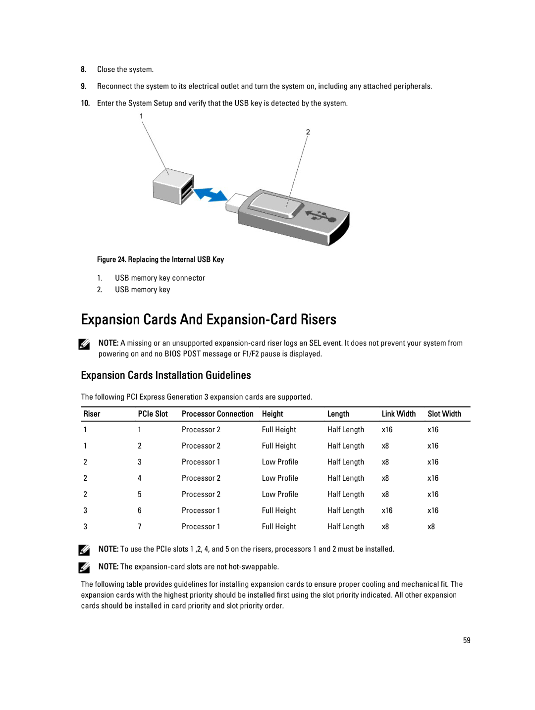 Dell R820 Expansion Cards And Expansion-Card Risers, Expansion Cards Installation Guidelines, USB memory key connector 