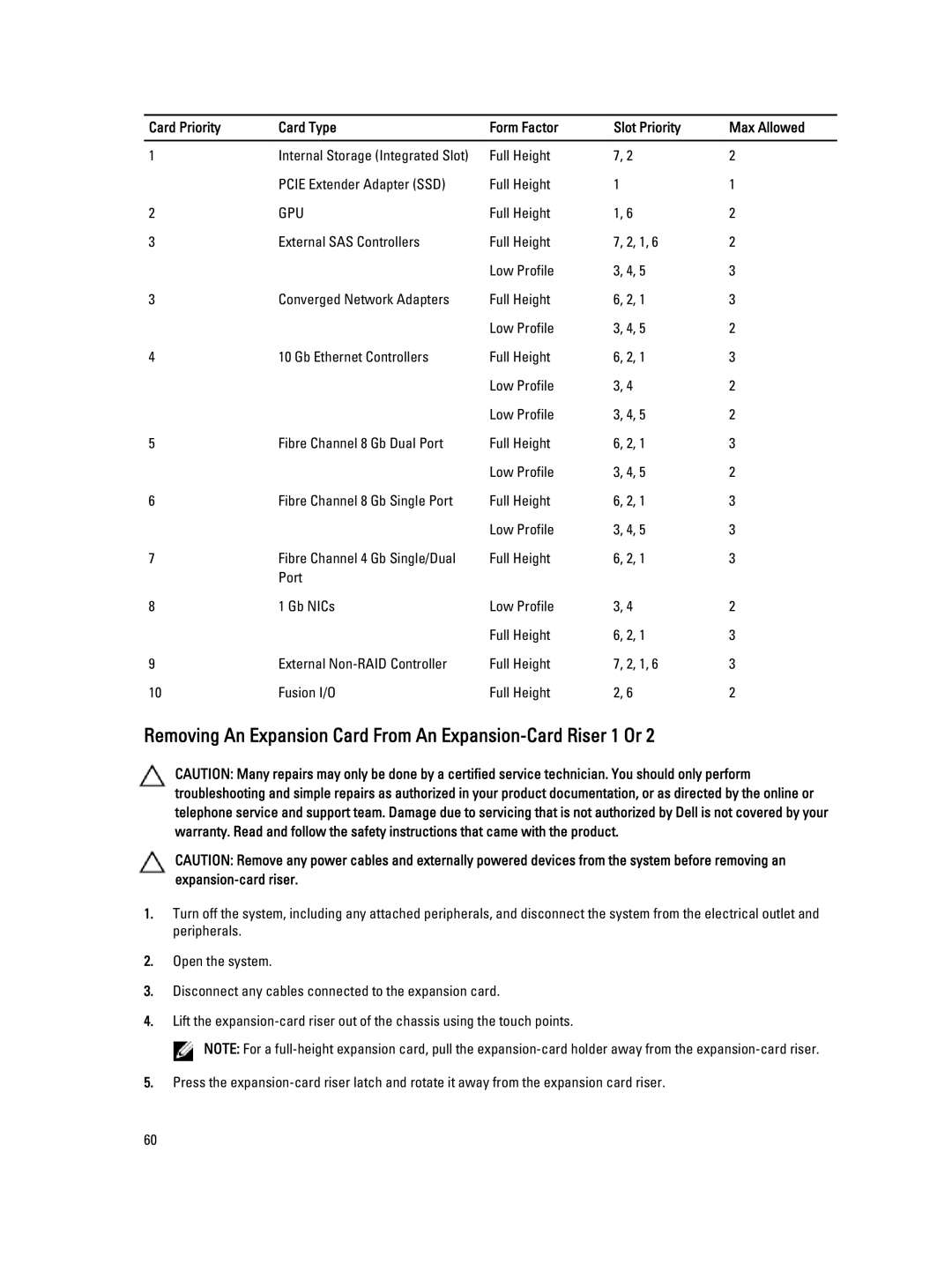 Dell R820 owner manual Removing An Expansion Card From An Expansion-Card Riser 1 Or, Full Height Pcie Extender Adapter SSD 