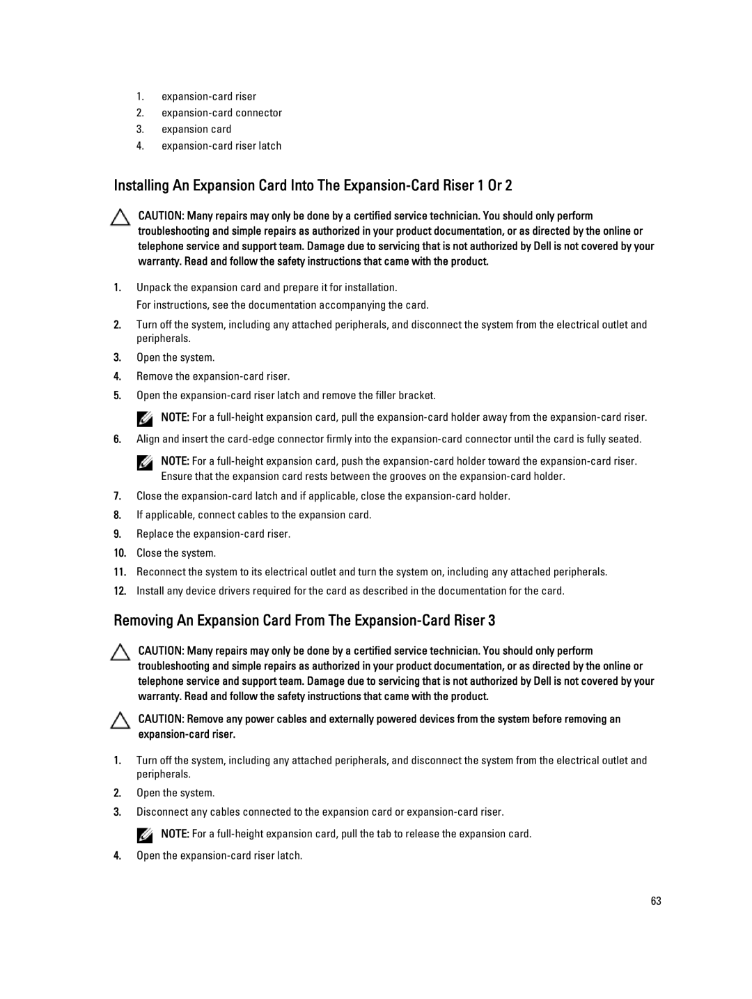 Dell R820 owner manual Removing An Expansion Card From The Expansion-Card Riser 