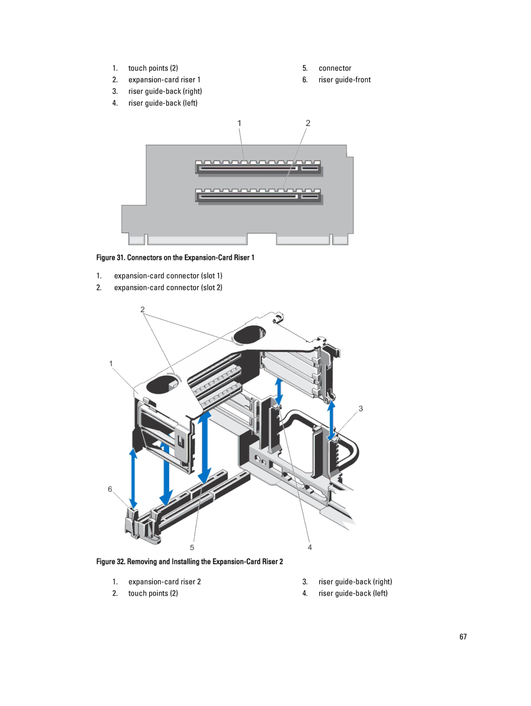 Dell R820 owner manual Touch points Connector Expansion-card riser, Riser guide-back right Riser guide-back left 