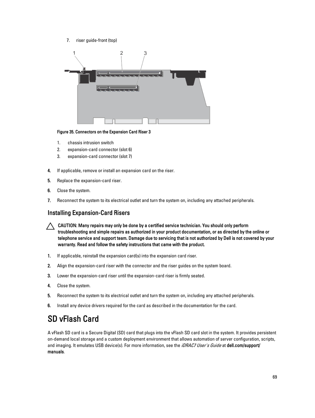 Dell R820 owner manual SD vFlash Card, Installing Expansion-Card Risers, Riser guide-front top 