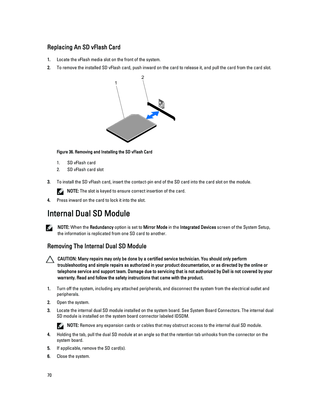 Dell R820 owner manual Replacing An SD vFlash Card, Removing The Internal Dual SD Module 