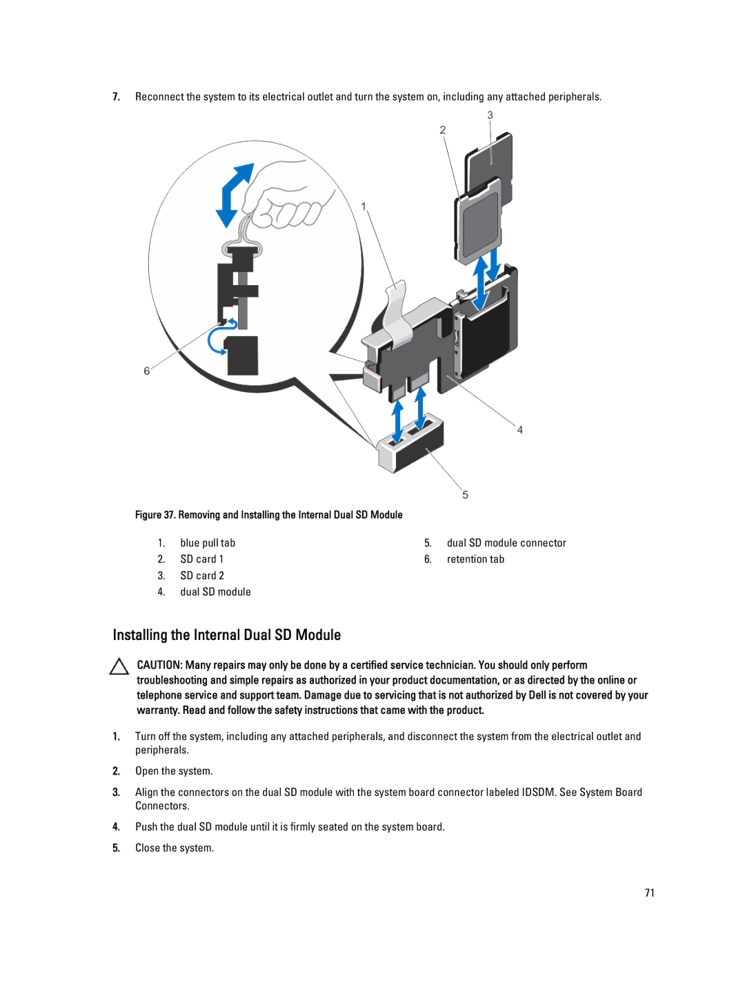 Dell R820 owner manual Installing the Internal Dual SD Module, Blue pull tab, SD card Retention tab Dual SD module 