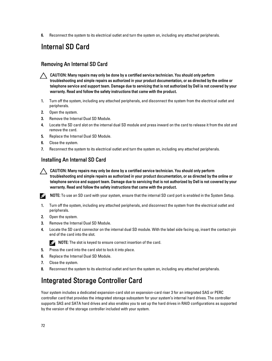 Dell R820 owner manual Integrated Storage Controller Card, Removing An Internal SD Card, Installing An Internal SD Card 