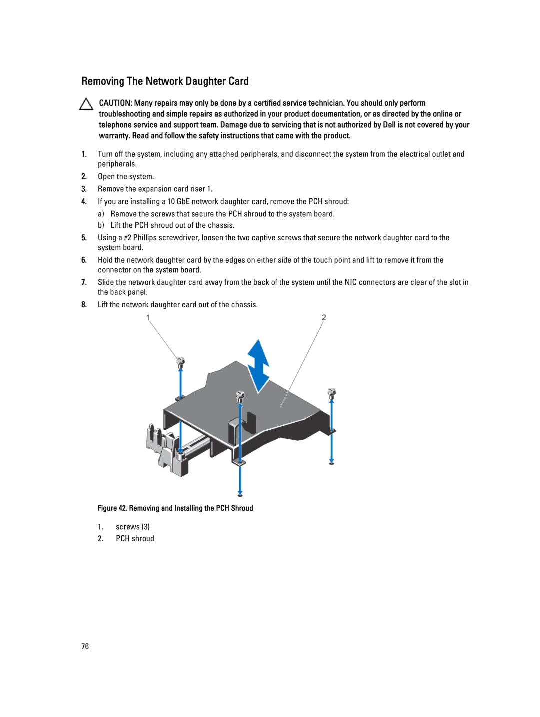 Dell R820 owner manual Removing The Network Daughter Card, Screws PCH shroud 