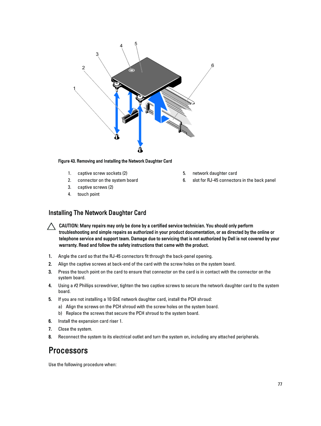 Dell R820 Processors, Installing The Network Daughter Card, Captive screws Touch point, Use the following procedure when 