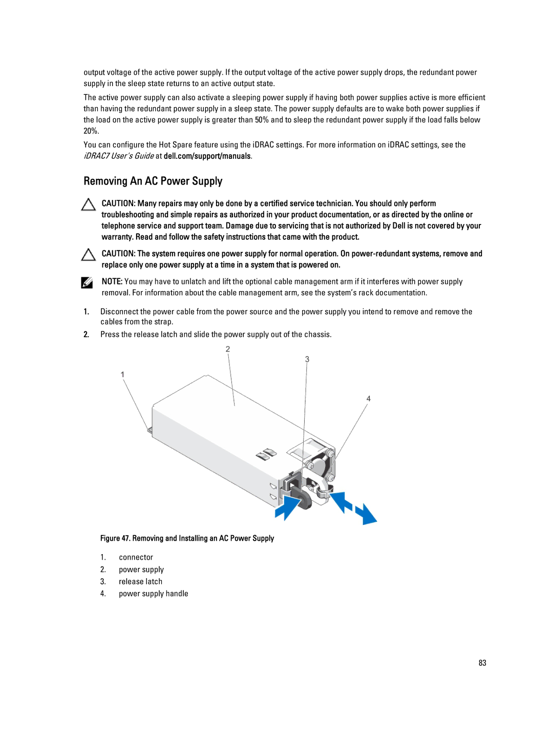 Dell R820 owner manual Removing An AC Power Supply, Connector Power supply Release latch Power supply handle 