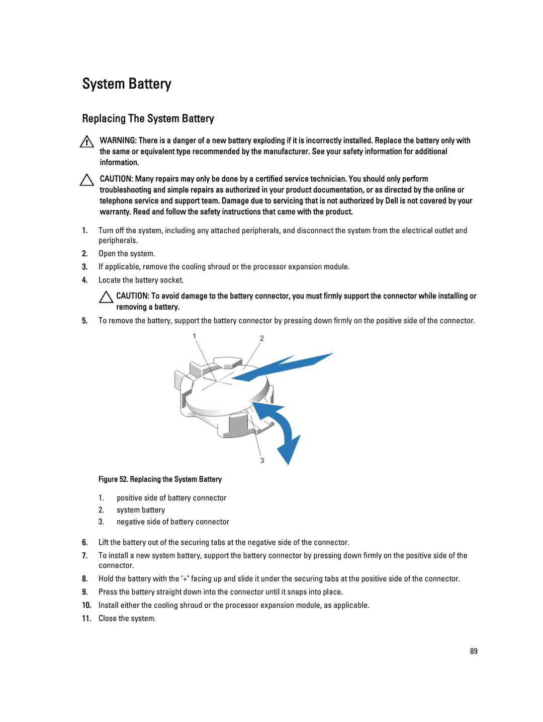 Dell R820 owner manual Replacing The System Battery 