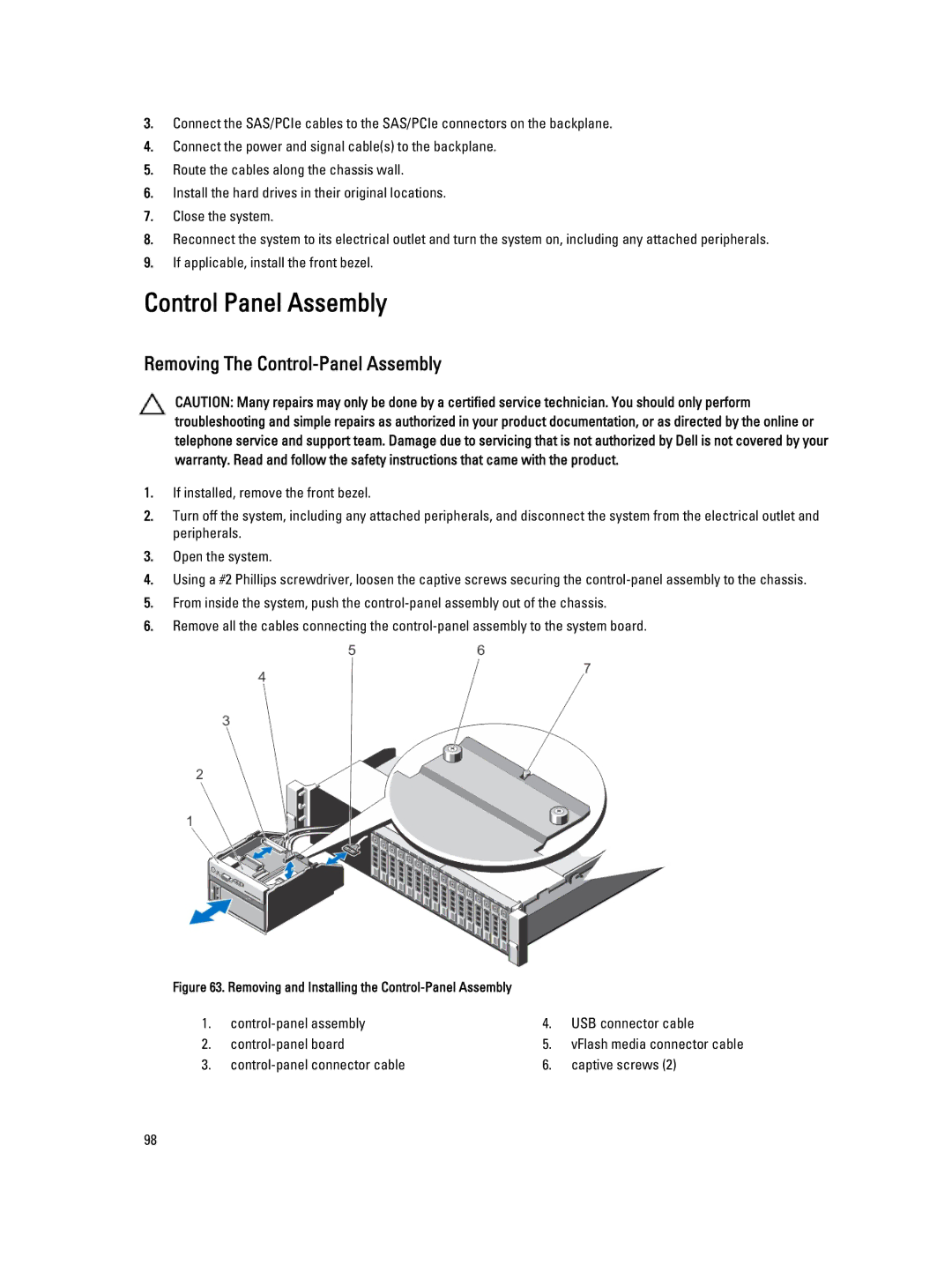 Dell R820 Control Panel Assembly, Removing The Control-Panel Assembly, Control-panel connector cable Captive screws 