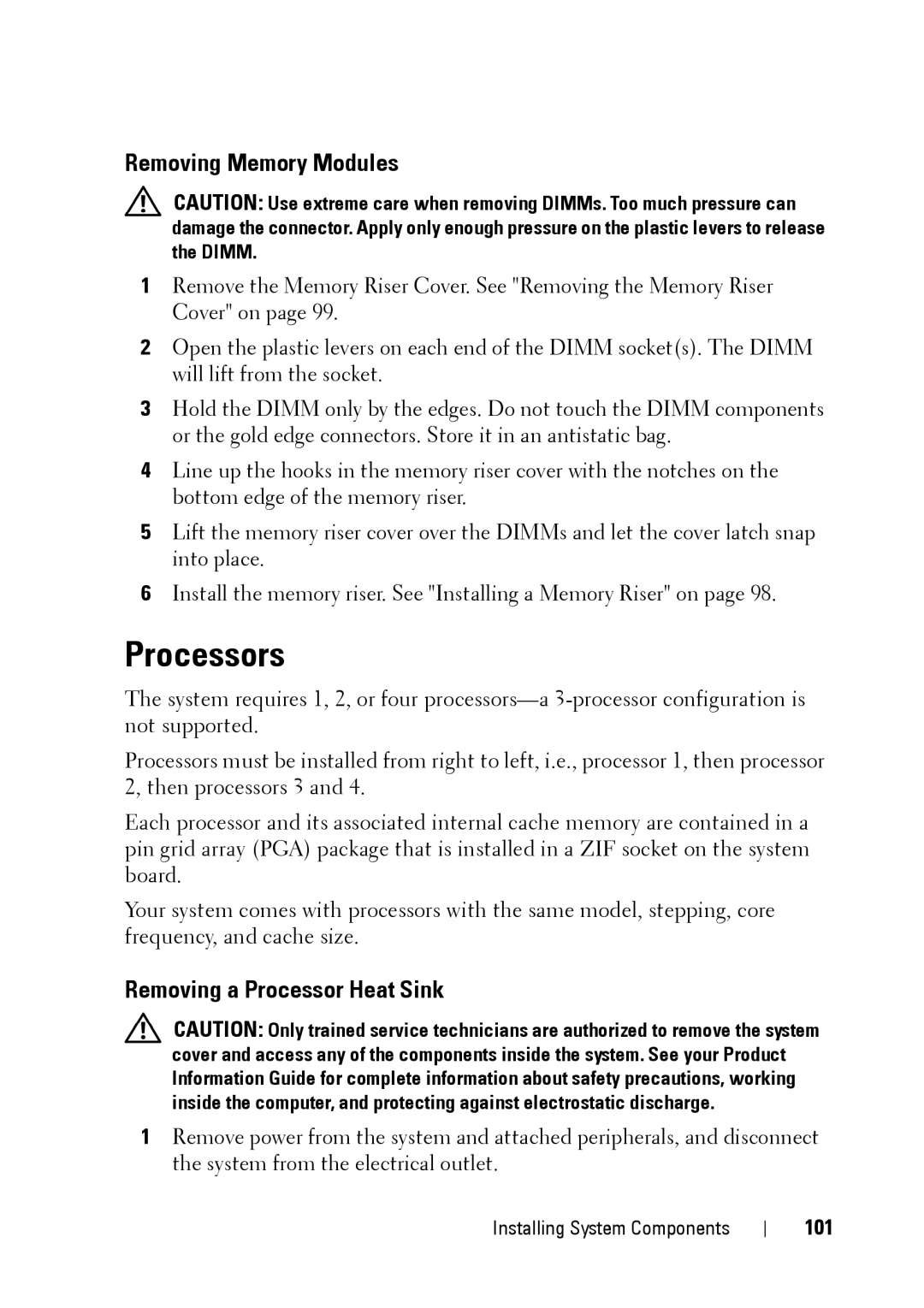 Dell R900 manual Processors, Removing Memory Modules, Removing a Processor Heat Sink, 101 