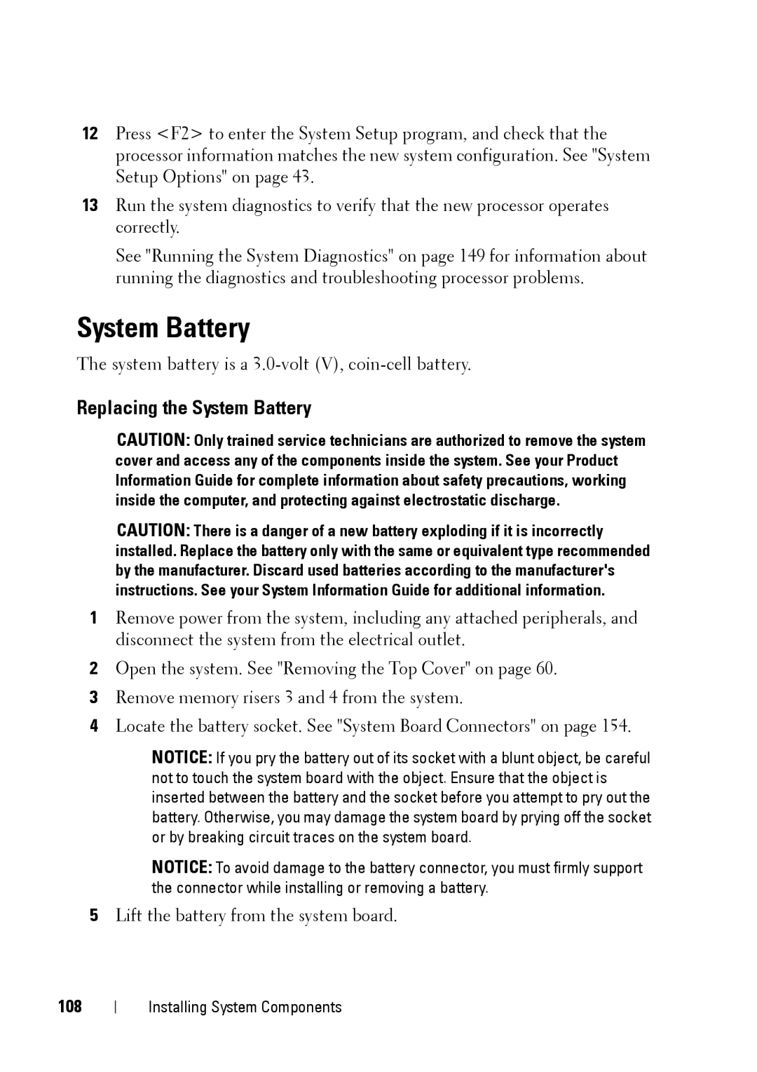 Dell R900 manual Replacing the System Battery, 108 