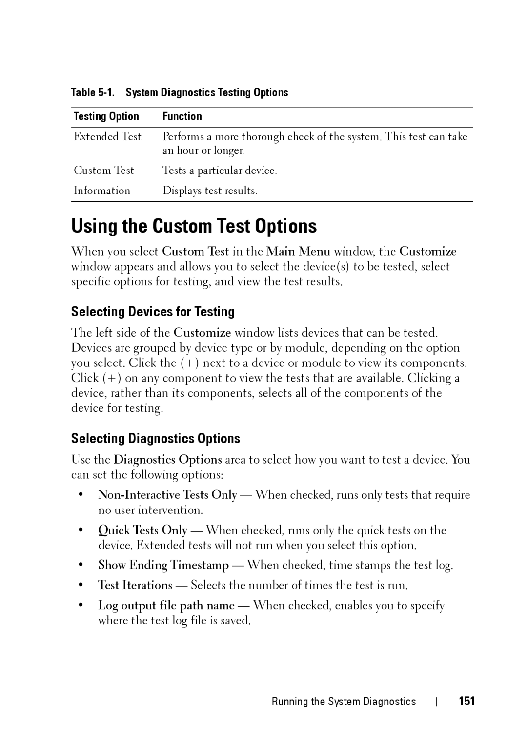 Dell R900 manual Using the Custom Test Options, Selecting Devices for Testing, Selecting Diagnostics Options, 151 