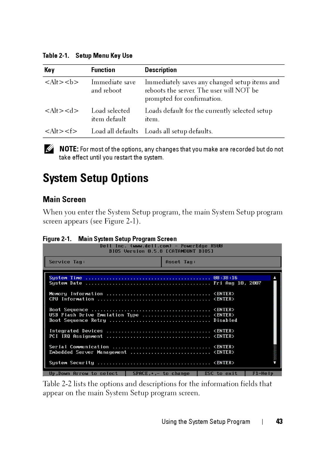 Dell R900 manual System Setup Options, Main Screen 